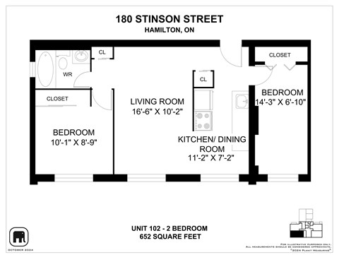 A floor plan for a 2 bedroom apartment at 180 Stinson Street, Hamilton, On.